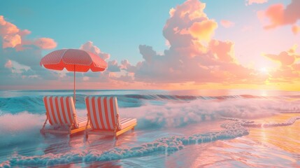 Two beach chairs and an umbrella on the beach