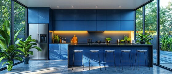 Canvas Print - Large bright kitchen with blue splashback and metallic blue bar stools. 3D rendering. Large fridge hood and island.