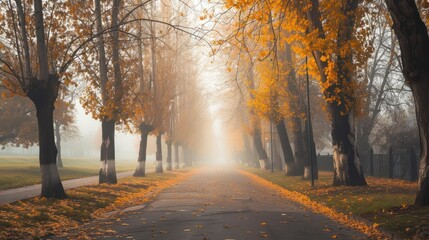 Wall Mural - a foggy day in a park with lots of trees and yellow leaves on the ground and a paved path between two rows of trees with yellow leaves on both sides.