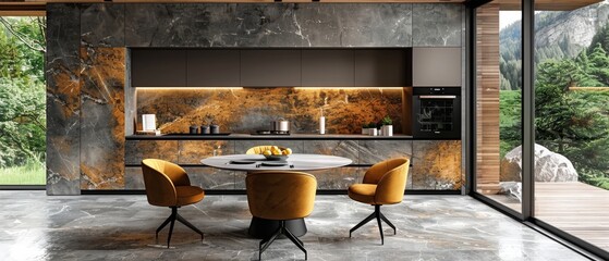 Aufkleber - Kitchen in the style of minimalism. Round dining table and yellow chairs. Design with emphasis.