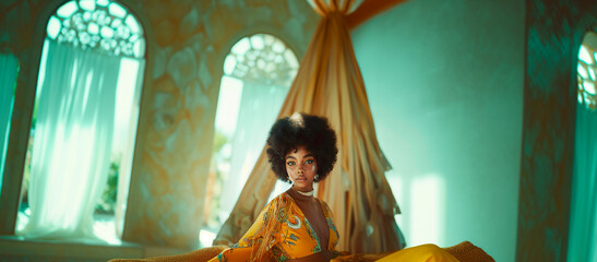 Wall Mural - Afro girl posing dressed in orange in a spacious living room with large windows