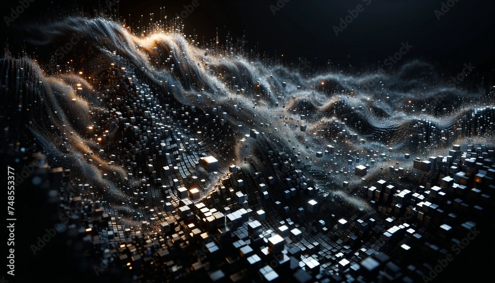 abstract digital landscape with glowing particles wavy flowing dark ...
