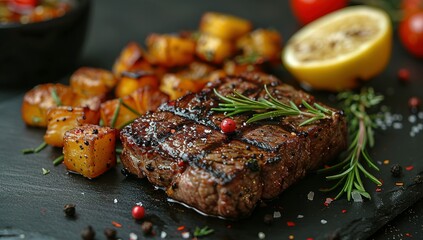 Wall Mural - Delicious grilled beef with vegetables and lemon on table, closeup