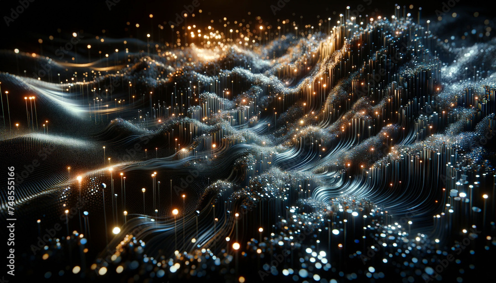 abstract digital landscape with glowing particles wavy flowing dark ...