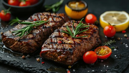 Wall Mural - Delicious grilled beef with vegetables and lemon on table, closeup