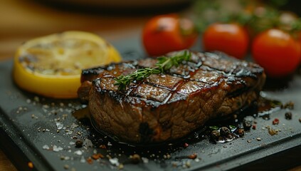 Wall Mural - Delicious grilled beef with vegetables and lemon on table, closeup