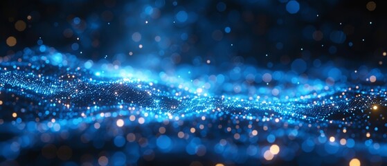 Poster - On a bright blue background, abstract connected dots form a technology concept.