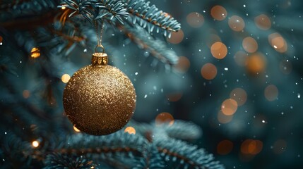 Poster - Golden Glittering Fir Branch Hanging On Abstract Blue Night A Christmas Tree In Ball