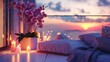 Intimate and tranquil setting featuring lit candles, orchids, and a pillow by a window at sunset.