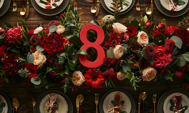 Number 8 large, Flower themed dinner, March 8, holiday, women's day, beautiful flowers