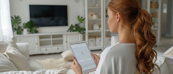 Poster - A woman controls smart home devices in the white living room using a tablet with an application launched on it.