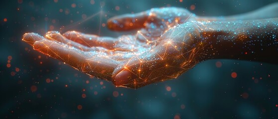Aufkleber - A woman is holding a global network connection with her hand. There is a wireless connection technology. This is a futuristic technology with polygonal shapes.