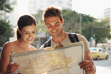 Wall Mural - Couple, travel or map for tourist destination with direction, tour route and happiness on holiday or vacation in Brazil. Face, man and woman with smile in city street for explore, tourism and journey