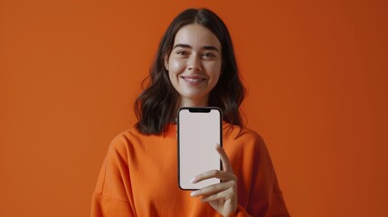 Poster - Pretty woman holding smartphone with white blank screen close to camera, orange studio. Gadget with empty free space for mockup, banner isolated, selective focus.
