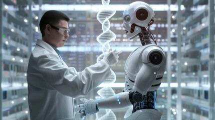 Poster - In the laboratory background, a robot doctor and medical assistant analyzes DNA results on a modern virtual interface, showcasing technology advancements, innovative medical healthcare, and the future