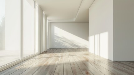 Poster - A white empty room with a wooden floor, surrounded by a contemporary interior background.