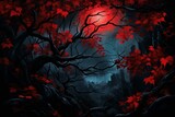 Fototapeta  - Vibrant Red leaves night foliage. Summer fantasy. Generate Ai