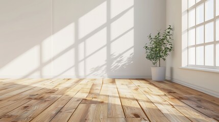 Aufkleber - White empty room and wood laminate floor with sun light casting shadows on the wall. Perspective of minimal interior design. 3D rendering.