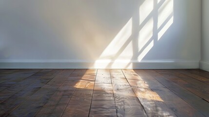 Poster - Light from the sun casts a shadow on a white empty room with dark laminate wood floors. Classic interior style. Blank space architecture.