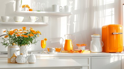 Sticker - This is an image of the interior of a comfortable modern kitchen. Multicolored cups and teapot, orange juice in glass and utensils are on white furniture, there is a refrigerator, flowers on shelves,