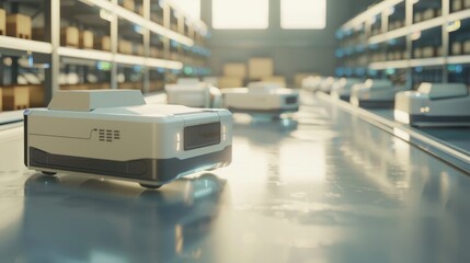 Fototapete - Future Technology 3D Concept: Automated Warehouse AGV Robot Delivering Cardboard Boxes in Distribution Logistics Center. Goods and Products Delivered by Automated Guided Vehicles.