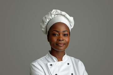 Portrait of a young african american female chef on grey background