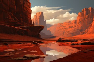 Wall Mural - Vibrant Red fantasy river landscape. Cosmos moon. Generate Ai