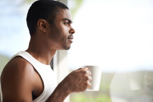 Black Man, Window And Thinking With Coffee For Morning, Start Or Ambition In Dream Or Vision At Home. Face Of African Male Person In Wonder Or Thought With Mug Or Cup Of Tea For Breakfast On Mockup