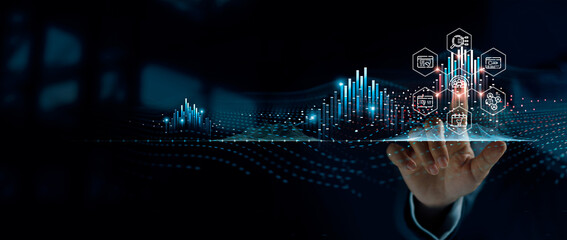 Fototapete - Businessman touch customer network icon and growth graph progress of business with increase of positive indicators and analyzing financial and investment data, economy, business planning and strategy.