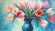 Beautiful painting of a posh bouquet of spring tulips in a vase done with acrylic paint in pastel colors. Still life hand painted oil picture