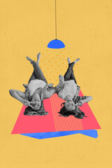 Poster - Photo collage artwork minimal picture of happy smiling sisters having fun showing v-sings indoors home isolated yellow color background