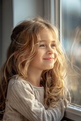 Aufkleber - A young girl gazes out a window, pondering. Suitable for family and lifestyle concepts