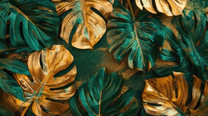 Poster - A close up of a bunch of green and gold leaves. Suitable for nature backgrounds