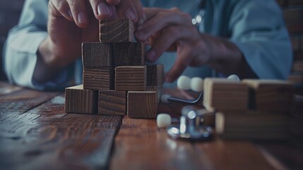 Sticker - Person playing with wooden blocks on a table, suitable for educational concepts