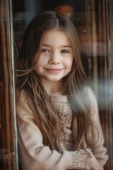Aufkleber - A young girl sitting in a window, looking at the camera. Suitable for various concepts