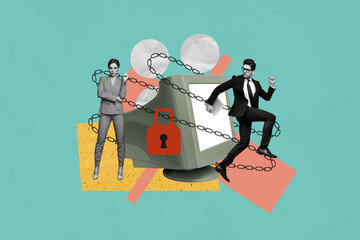 Sticker - Collage picture poster of cybersecurity system in corporation safety confidential information computer locked isolated on green background