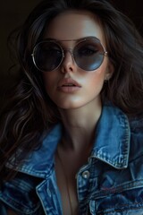 Wall Mural - A stylish woman wearing sunglasses and a denim jacket. Perfect for fashion or lifestyle concepts