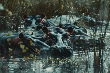 Aufkleber - A group of hippos swimming in a body of water. Perfect for nature and wildlife concepts
