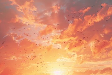 Wall Mural - A flock of birds flying in the colorful sky at sunset. Suitable for nature and wildlife concepts