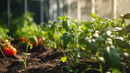 Sticker - a garden filled with lots of green plants next to a fence and a row of red tomatoes in the middle of the garden.