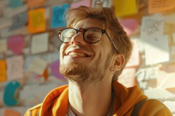 Poster - A man with glasses smiling in front of a wall of colorful post it notes. Ideal for business and creativity concepts