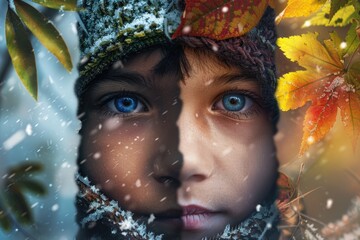 Wall Mural - A young boy with blue eyes wearing a hat covered in snow. Suitable for winter-themed projects