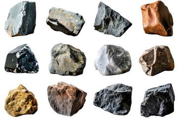 Poster - Various rocks displayed on a plain white surface. Suitable for educational materials or geology-related projects