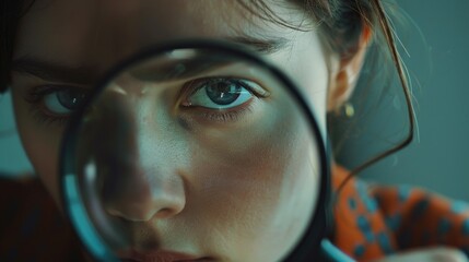 Poster - A woman looking through a magnifying glass, suitable for various concepts