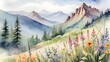 Watercolor painting of meadow with poppies and mountains at sunset. Digital watercolor painting. Printable wall art