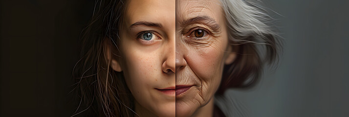 Sticker - A portrait split a woman showing old and youth age. Two parts of the life aging human comparison two halves. 