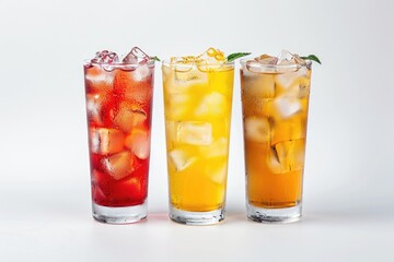 Poster - Row of three glasses with various beverages. Ideal for food and drink concepts