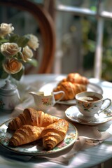Poster - A table set with plates of food and cups of coffee. Suitable for restaurant or cafe concepts