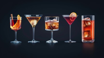 Poster - Row of glasses filled with different types of drinks, suitable for beverage concept designs