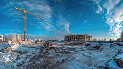 Poster - A construction site with a crane in the background. Suitable for industrial concepts